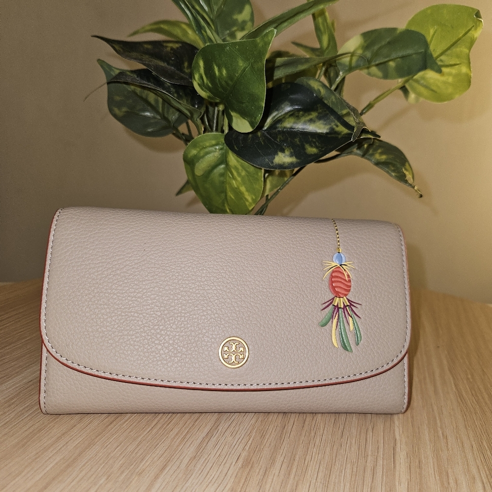 Tory Burch Beige Clutch with Colorful Charm